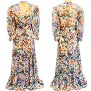 Express flower botanical‎ garden wrap dress  maxi sheer ruffle long puff sleeves